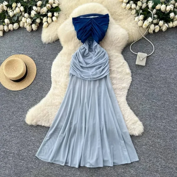 Seraphina Two-Tone Draped Cowl Neck Maxi Dress – Navy Blue & Light Grey