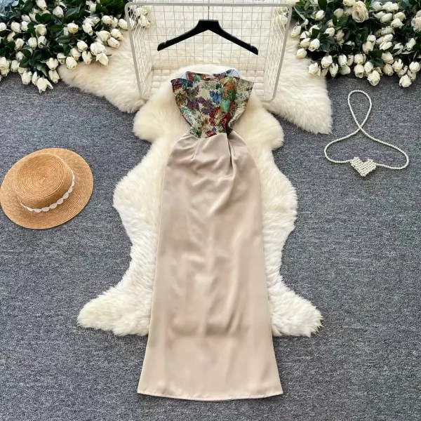 Giselle Renaissance Floral Corset Style Satin Maxi Dress – Beige