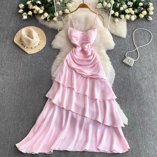 Blush Pink Cowl Neck Tiered Satin Maxi Gown – Soft Pink