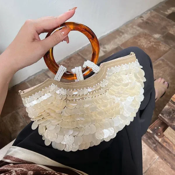 Shell Sequin Wooden Handle Bucket Handbag
