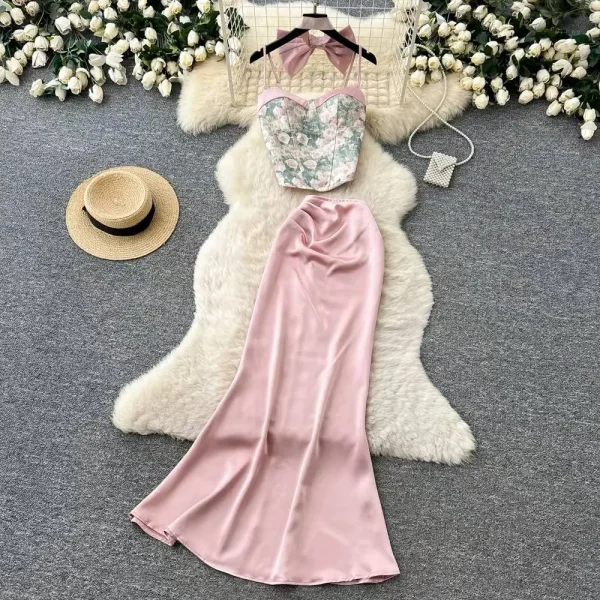 Aria Floral Bustier & Satin Mermaid Skirt Set – Pink & Mint