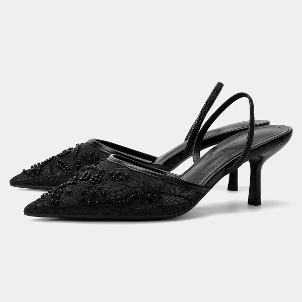 Celeste Embroidered Mesh Pointed-Toe Slingback Heels – Off-White, Nude, Burgundy & Black