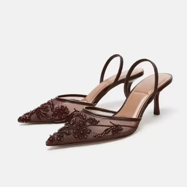 Celeste Embroidered Mesh Pointed-Toe Slingback Heels – Off-White, Nude, Burgundy & Black