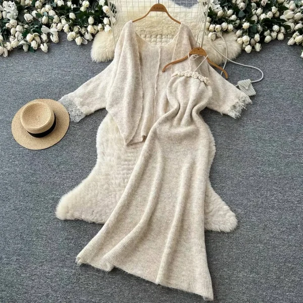 Luna Ribbed Halter Maxi Dress & Matching Lace-Trim Cardigan Set
