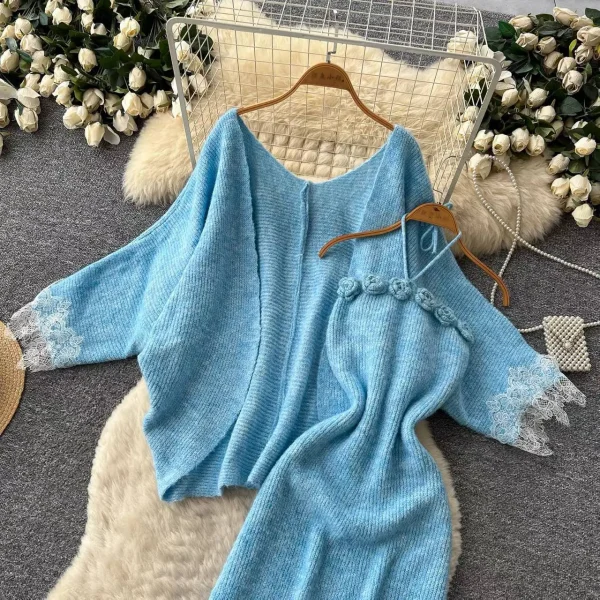 Luna Ribbed Halter Maxi Dress & Matching Lace-Trim Cardigan Set