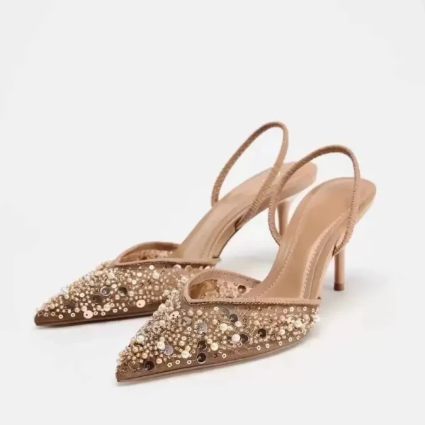 Aurelia Sequin & Pearl Embellished Mesh Slingback Heels – Classic Golden