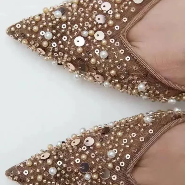 Aurelia Sequin & Pearl Embellished Mesh Slingback Heels – Classic Golden