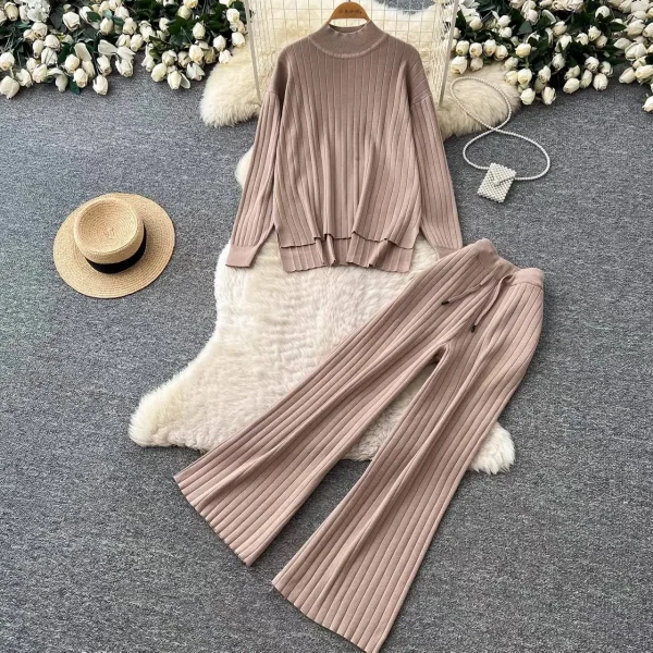 Aria Ribbed Knit Mock Neck Top & Wide-Leg Pants Set