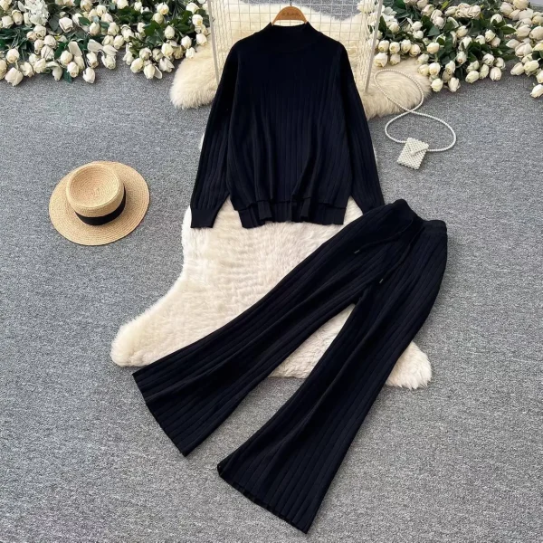 Aria Ribbed Knit Mock Neck Top & Wide-Leg Pants Set