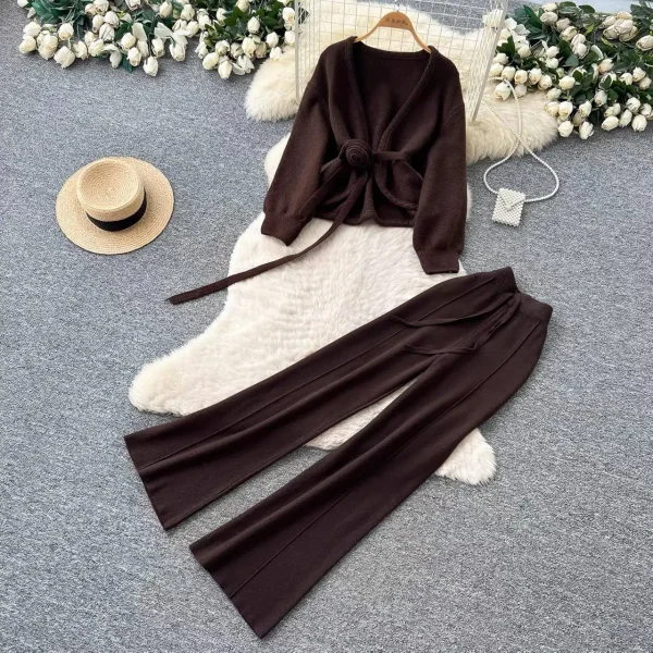 Aria Wrap Knit Cardigan & Wide-Leg Pants Set