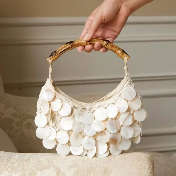 Aria French-Style Handcrafted Bamboo & Double-Sided Knot Shell Bag – Ivory Pearl