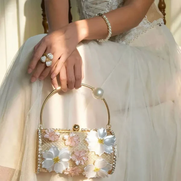 Vintage Pearl & Rhinestone Floral Metal Birdcage-Style Bucket Bag – Gold & Pastel Floral