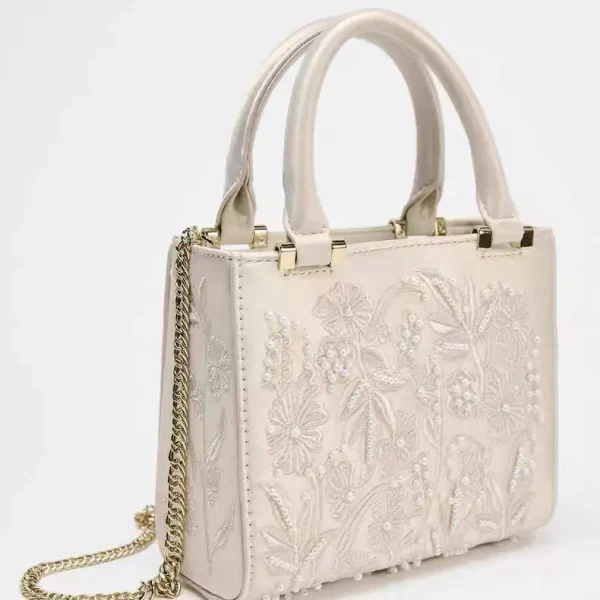 Elysian Embroidered Pearl Satin Mini Handbag – Ivory Cream