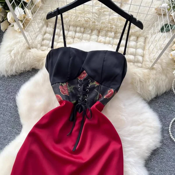 Carmen Gothic Rose Lace-Up Corset Slip Maxi Dress – Black & Deep Red