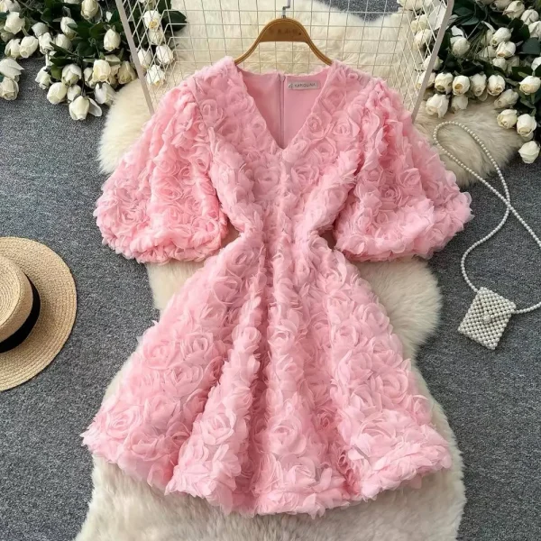 Celeste 3D Rose Petal Textured Puff Sleeve Mini Dress