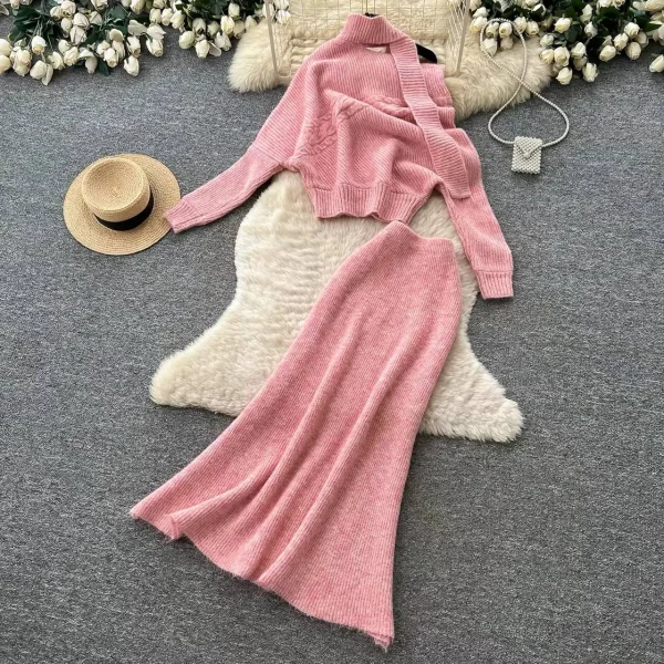 Aria Knit Scarf-Detail Sweater & Midi Skirt Set