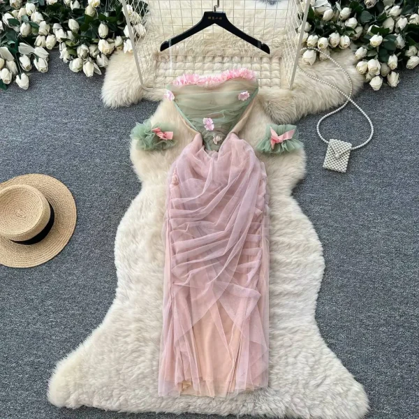 Aria Ruffled Tulle Strapless Midi Dress – Pastel Green & Pink
