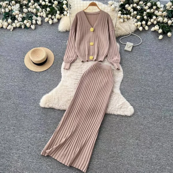 Aria Ribbed Knit Button-Front Cardigan & Midi Skirt Set