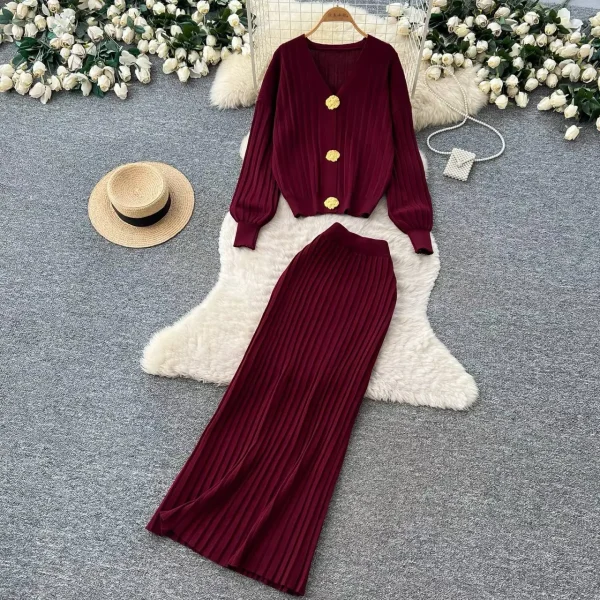 Aria Ribbed Knit Button-Front Cardigan & Midi Skirt Set