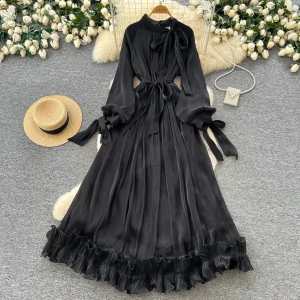 Aria Pleated Bow-Tie Long-Sleeve Maxi Dress
