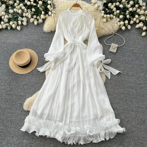 Aria Pleated Bow-Tie Long-Sleeve Maxi Dress