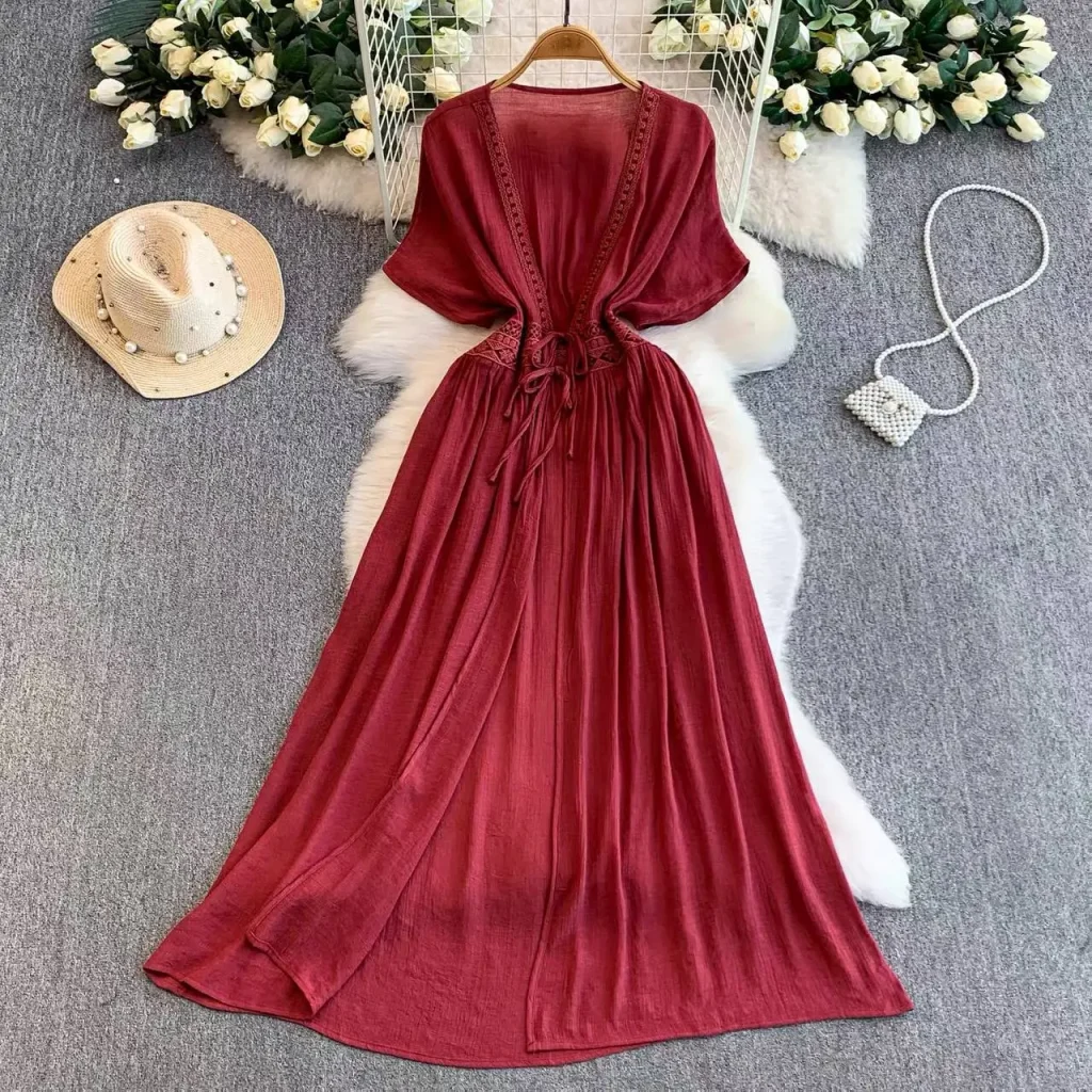 Aria Bohemian Lace-Trim Tie-Waist Maxi Dress