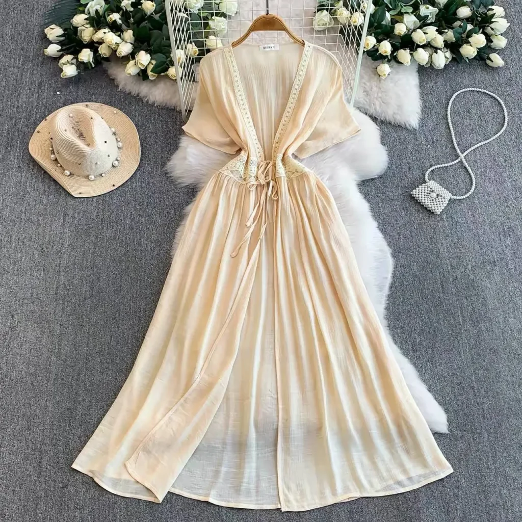 Aria Bohemian Lace-Trim Tie-Waist Maxi Dress