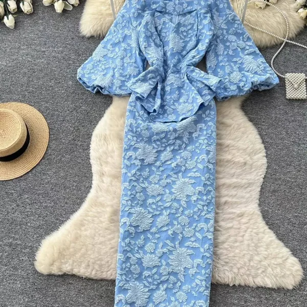 Aria Off-Shoulder Floral Textured Peplum Maxi Dress – Sky Blue