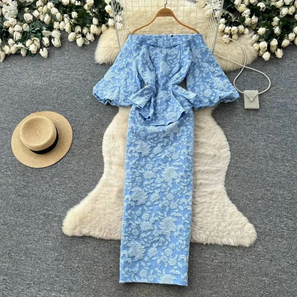 Aria Off-Shoulder Floral Textured Peplum Maxi Dress – Sky Blue
