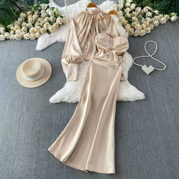 Aria Satin Slip Dress & Long-Sleeve Blouse Set – Champagne Satin