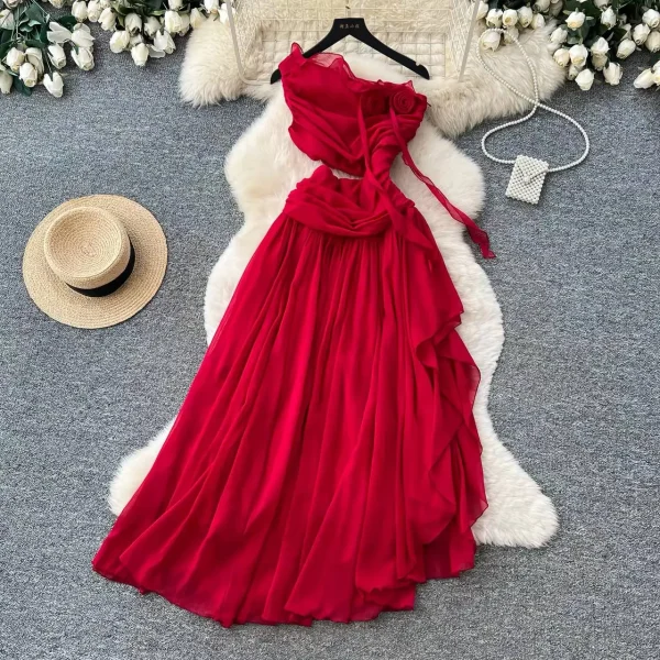 Aria One-Shoulder Ruffled Floral Asymmetric Maxi Dress – Red