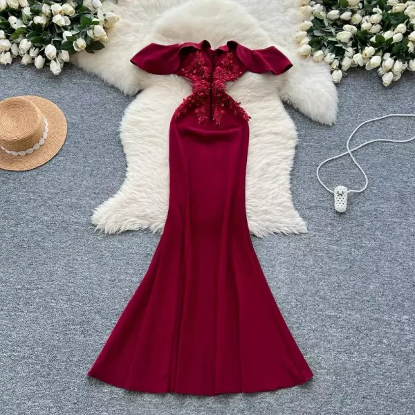 Aria Off-Shoulder Beaded Lace Appliqué Maxi Dress