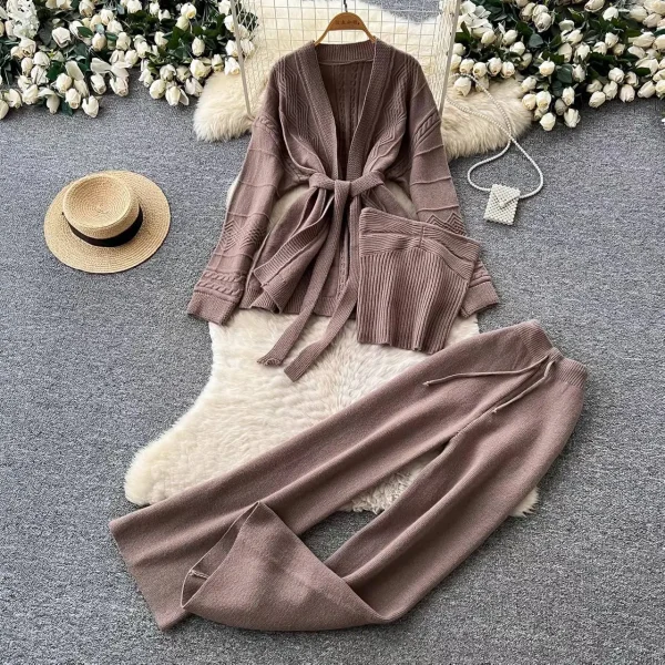 Aria Three-Piece Cable-Knit Cardigan, Vest & Pants Set