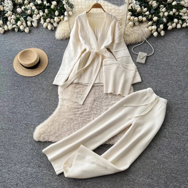Aria Three-Piece Cable-Knit Cardigan, Vest & Pants Set