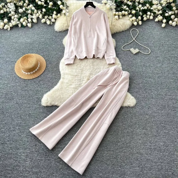 Aria Quarter-Zip Pullover & Wide-Leg Pants Lounge Set – Baby Pink