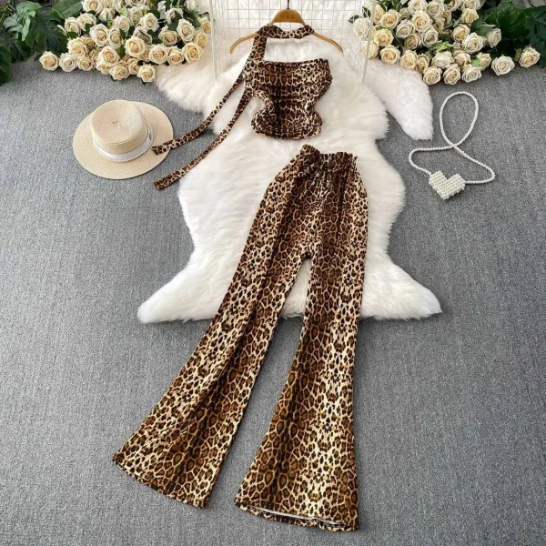 Aria Leopard Print Halter Crop Top & Wide-Leg Pants 2-Piece Set – Leopard Print