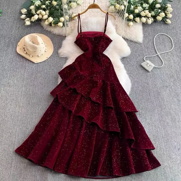 Aria Glitter Spaghetti Strap Tiered Ruffle Maxi Dress – Red
