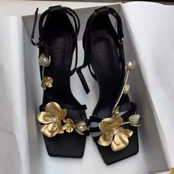 Aria Floral Embellished Ankle-Strap Heel Sandals – Black