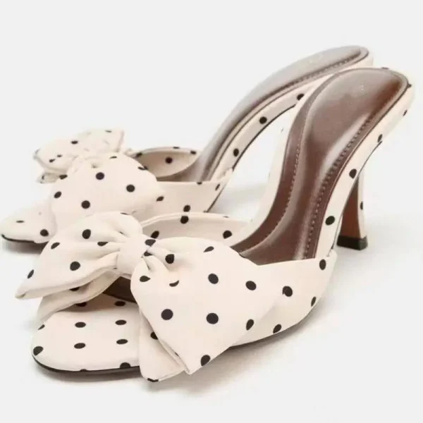 Aria Polka-Dot Bow Open-Toe Stiletto Mules – Cream & Black