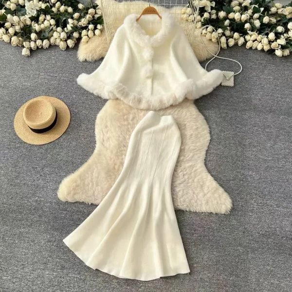Aria Faux-Fur Trim Cape Top & Mermaid Skirt Set