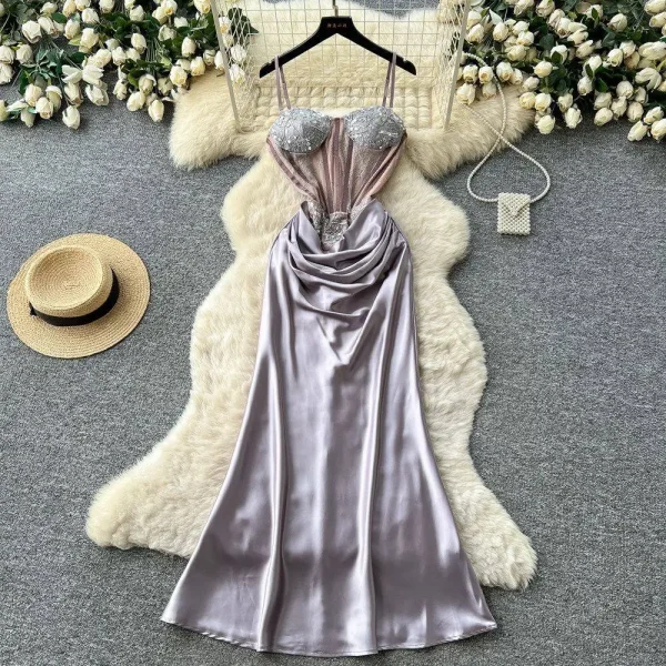 Aria Embellished Corset-Style Satin Maxi Dress – Lilac