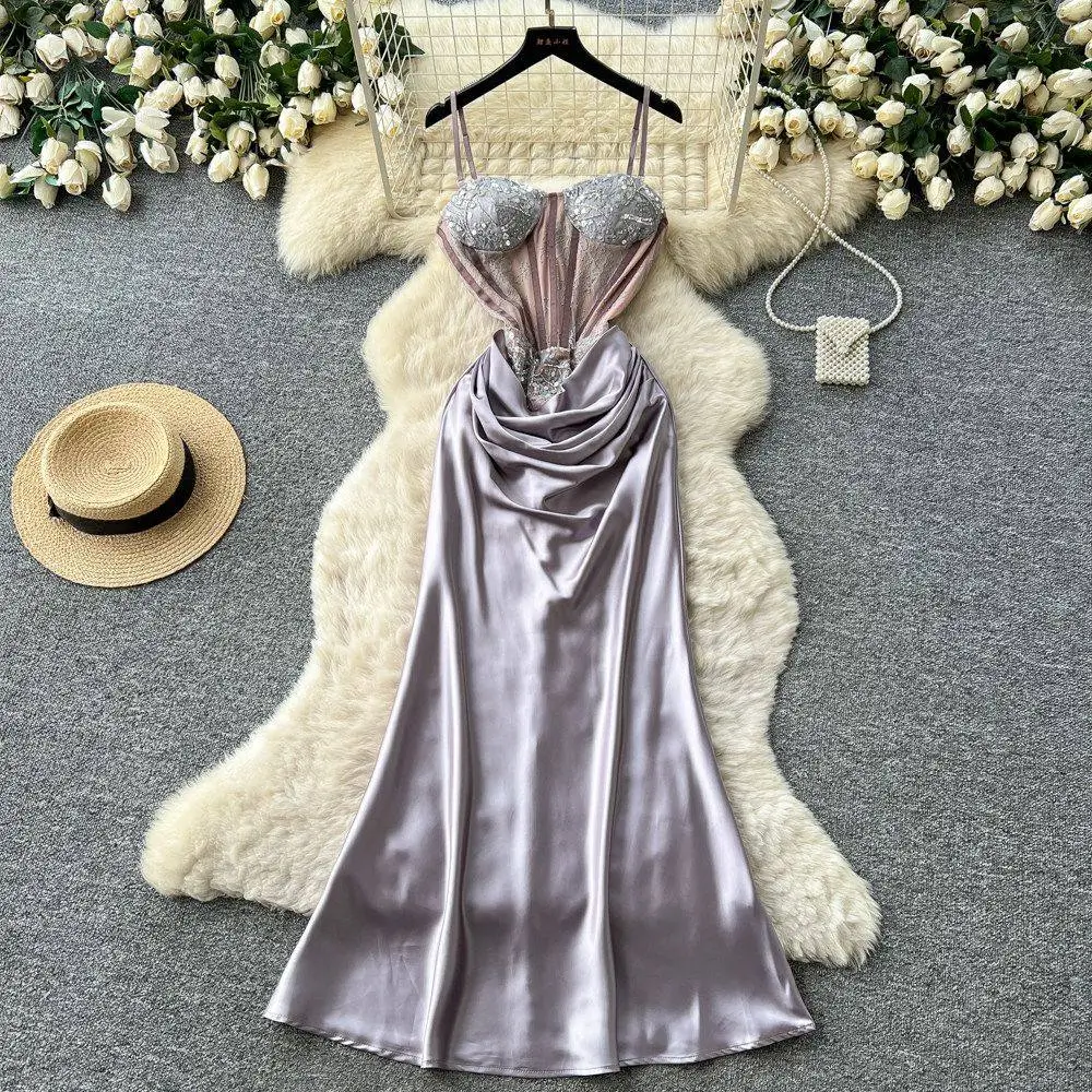 Aria Embellished Corset-Style Satin Maxi Dress – Lilac