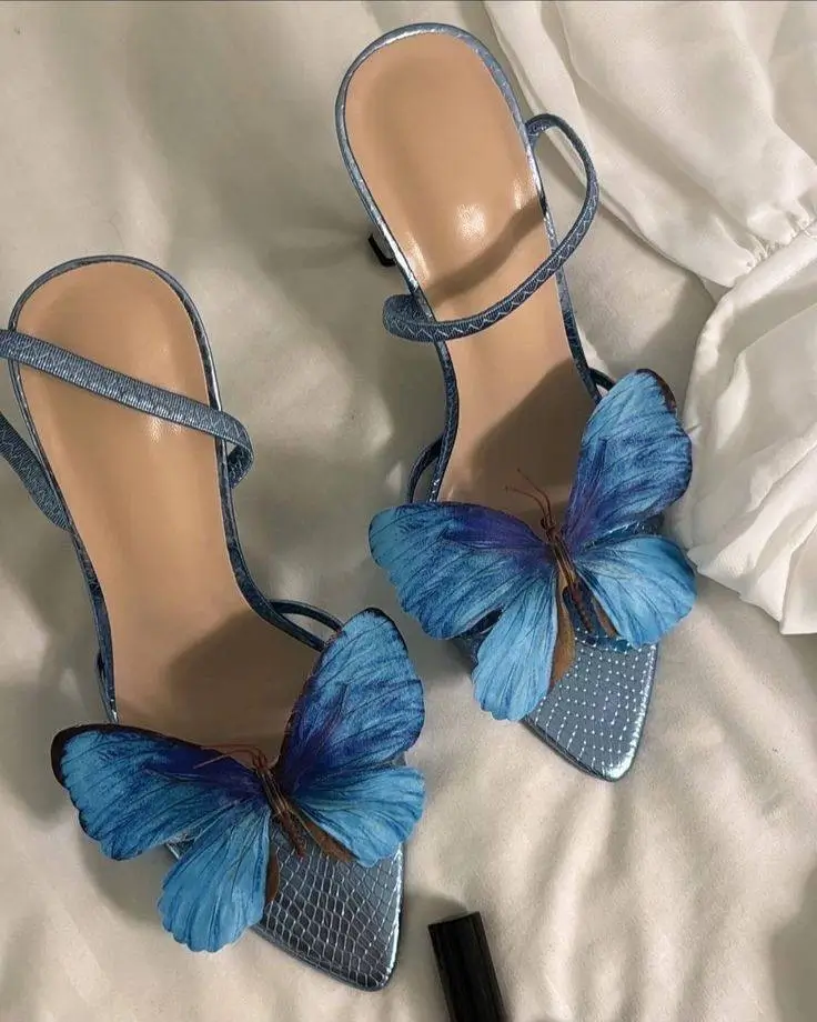 Aria Butterfly Embellished Slingback Stiletto Heels – Sky Blue