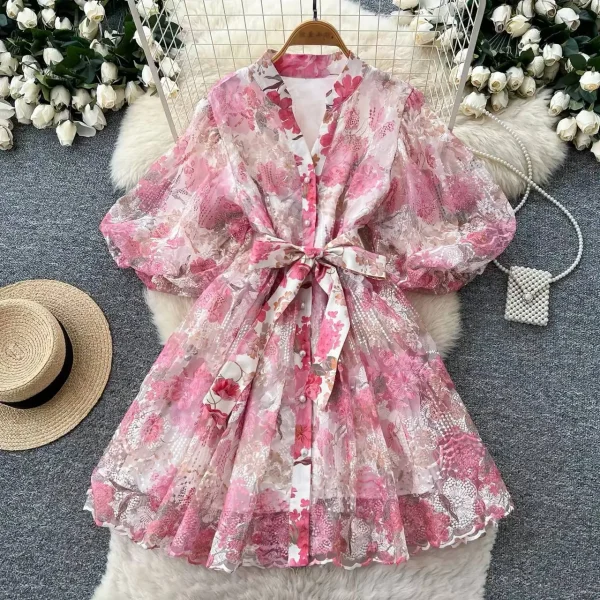 Aria Floral Print V-Neck Belted Mini Dress