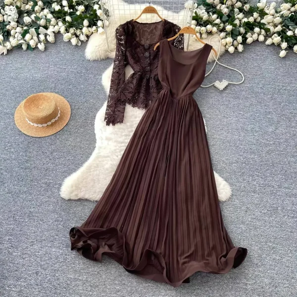 Aria Lace Cardigan & Pleated Maxi Dress Two-Piece Set