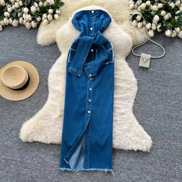 Aria Hooded Button-Front Denim Maxi Dress – Dark Denim Blue