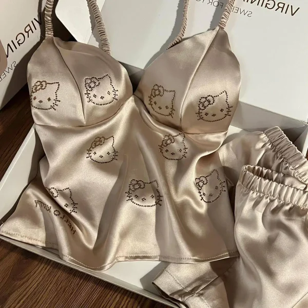 Aria Rhinestone Hello Kitty Ice Silk Camisole & Shorts Sleepwear Set – Champagne