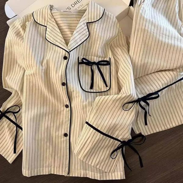 Aria Korean-Style Striped Long-Sleeve Button-Down & Pants Sleepwear Set – Beige & Black