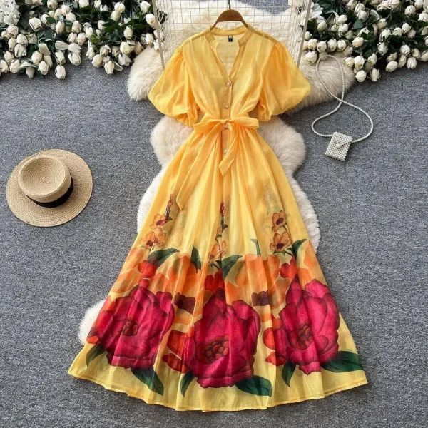Aria Floral Print V-Neck Short-Sleeve Maxi Dress